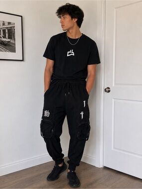 Men's Black Cargo Jogger Pants with Graphic Accents